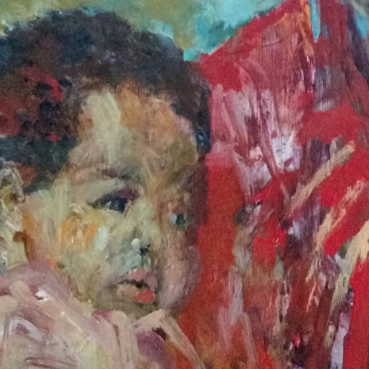 Impressionist oil painting of a child with curly hair and a vivid red abstract background