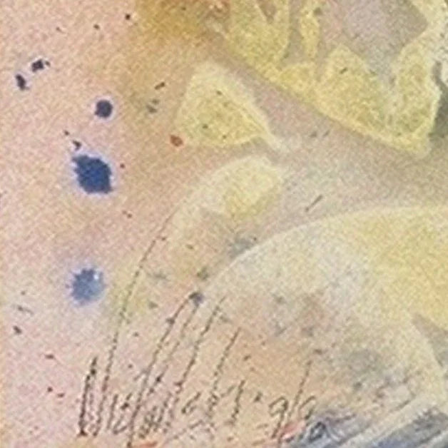 Abstract artwork with yellow and blue splashes on a light background, signature visible.