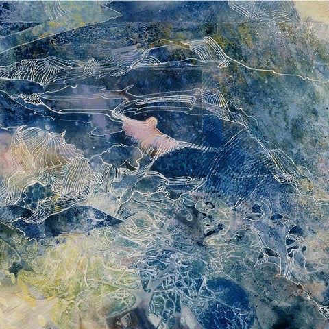 Abstract blue textured painting with white linear patterns and hints of yellow and pink