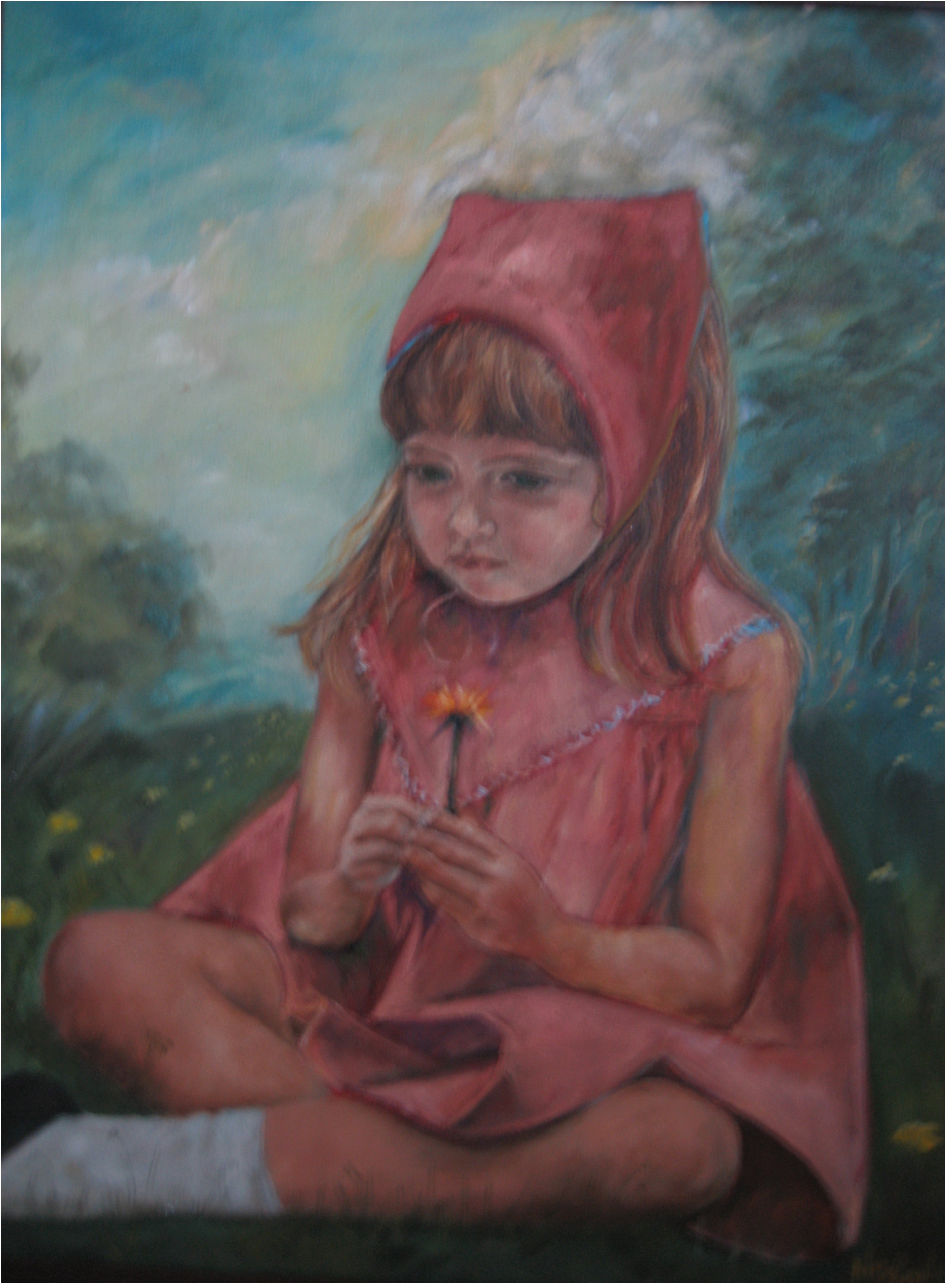 Painting of a girl in a red hood and dress holding a flower, with 'Nieponski' at the bottom.