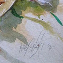 Close-up of an artist signature on a watercolor painting with green and beige tones.