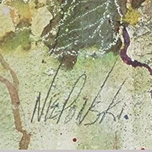 Close-up of an artist signature on textured, abstract floral artwork background