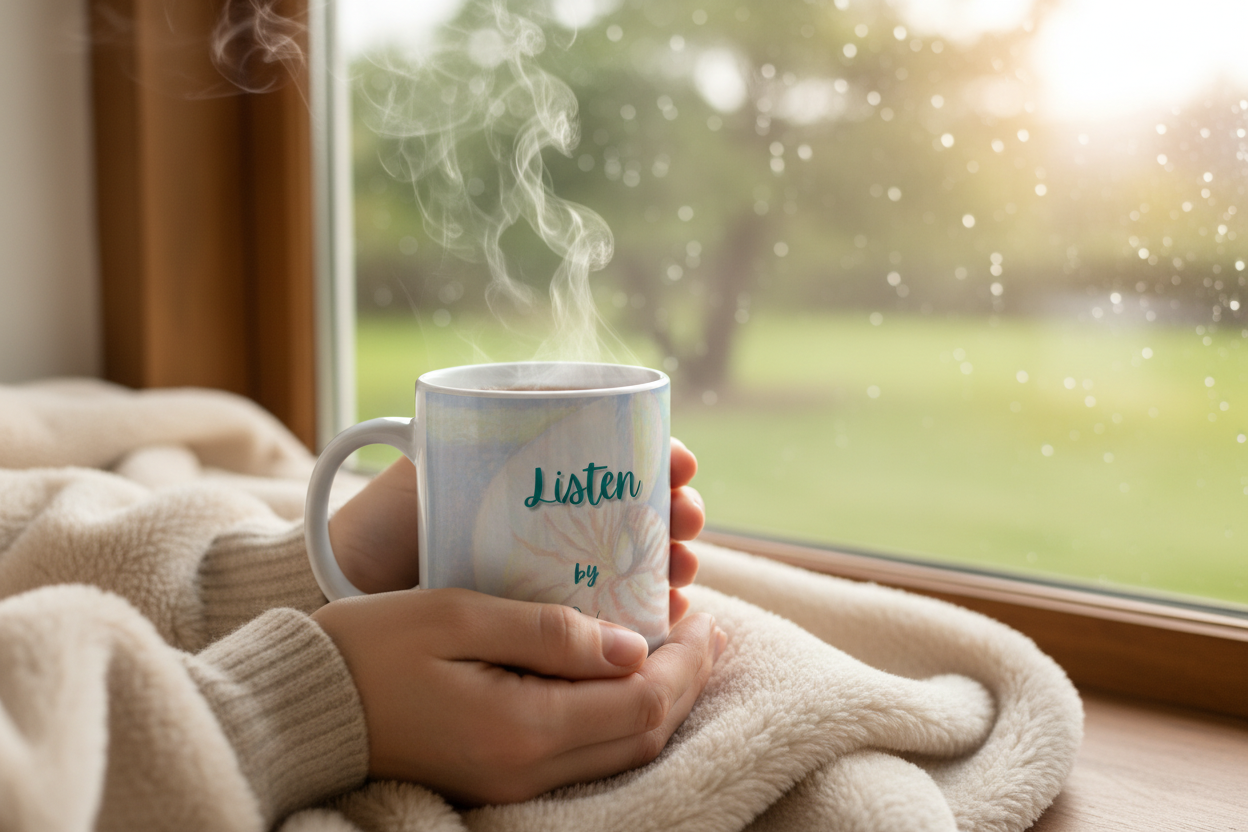 Listen cup with hands and steam